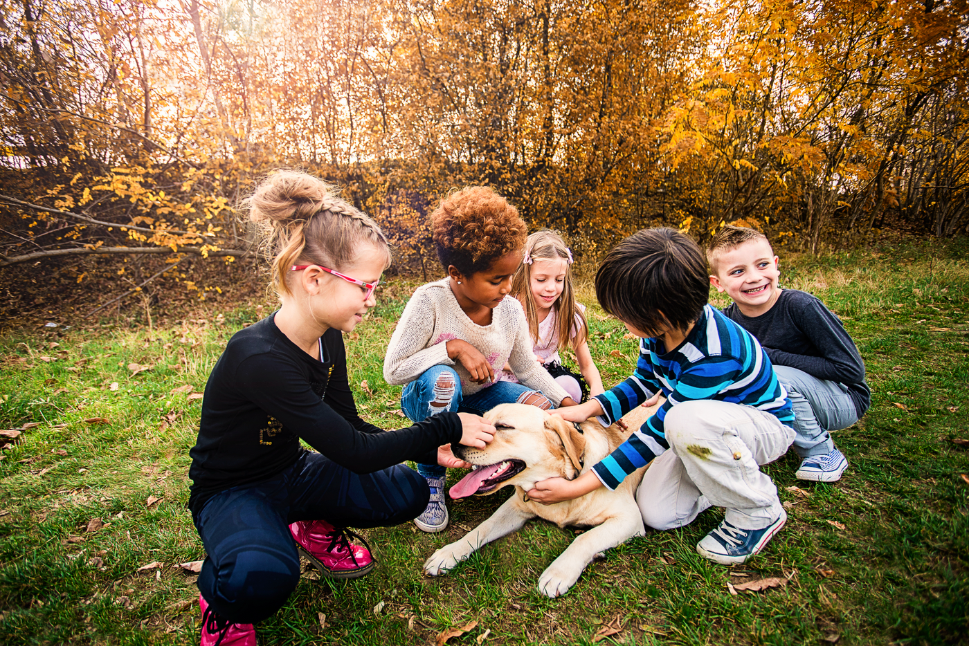 TURPIT banner displaying multicultural group of children playing with a lying dog